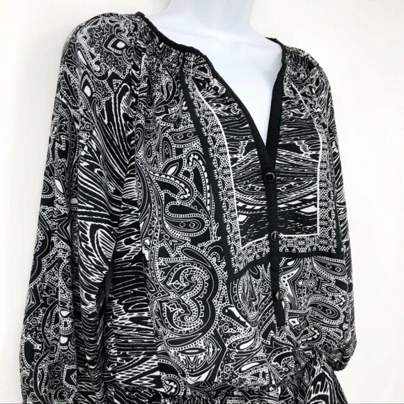 Cache Women’s Blouson Dress  Size M Paisley Print Black & White Button Up V Neck - Picture 3 of 10